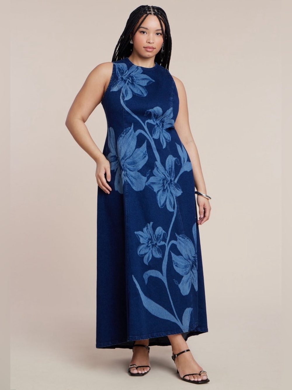 Eloquii | Floral denim jean maxi dress Women’s size 18 high low hemline stretch